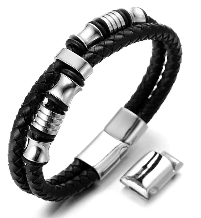 HALUKAKAH Bambini ● Assolo Junior ● Bracciale Ragazzo Maschio in Vera Pelle Cuoio Nero 6-12 Anni Perle in Argento/Oro Titanio Acciaio Chiusura Magnetica 7-8"(18-19.5cm) con Pacco Regalo Gratuita