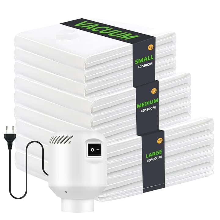 9 Pezzi Sacchi Sottovuoto Vestiti con Pompa Elettrica, 3x 40x40cm / 3x 40x50cm / 3x 40x60cm Buste Sottovuoto Vestiti per Coperte,Cuscini, Viaggi, Traslochi, articoli stagionali