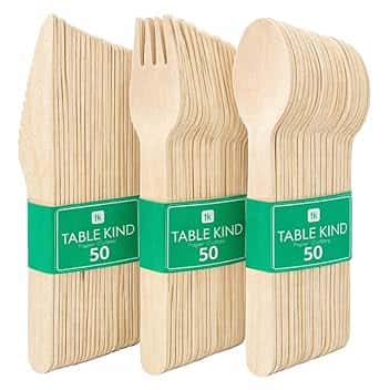 Table Kind 150 x Set di posate in legno biodegradabili, coltelli, forchette, cucchiai, compleanno, Natale, campeggio, picnic o barbecue, catering, utensili 17 cm
