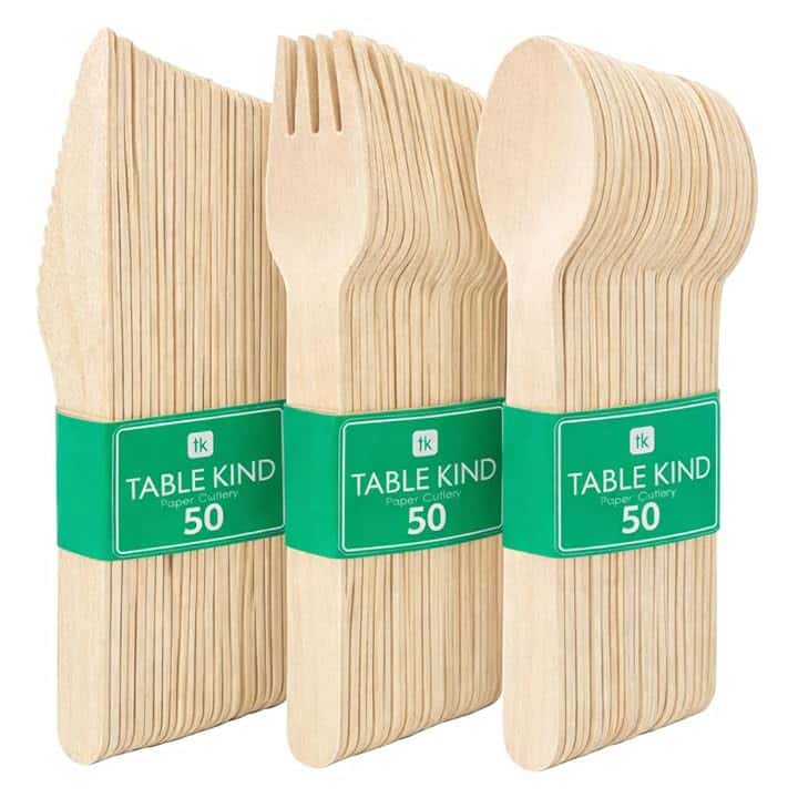 Table Kind 150 x Set di posate in legno biodegradabili, coltelli, forchette, cucchiai, compleanno, Natale, campeggio, picnic o barbecue, catering, utensili 17 cm