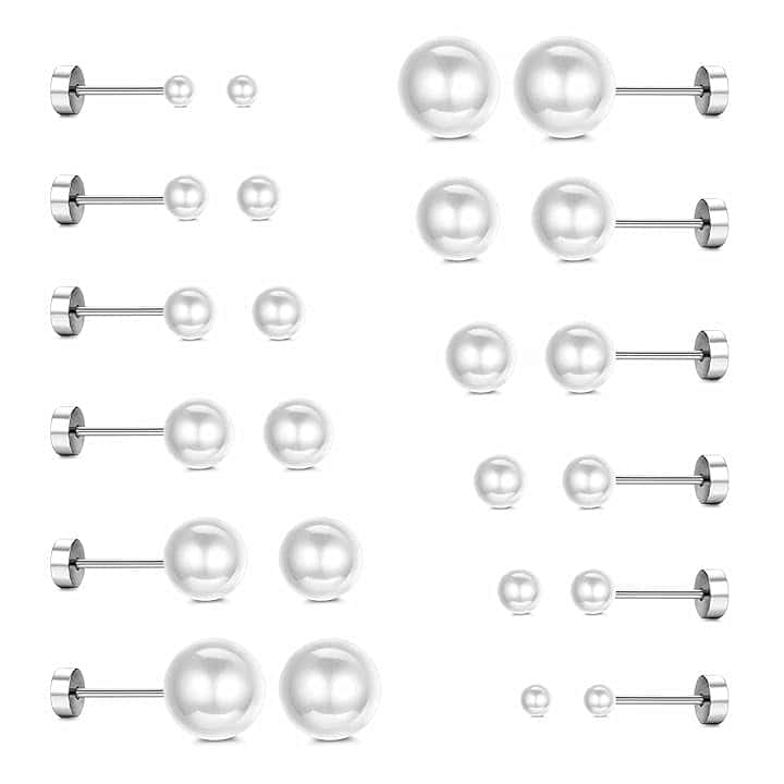 Diamday Dimaday 12 Paia Orecchini Perle Bottone Finte Sfera Donne Ragazze Rotonda Ipoallergenici Taglie Miste 4-12 mm