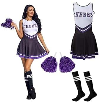 Cheerleader Fancy Dress Outfit,Cheerleading Outfit with Pom Poms,Cheerleader Costume for Women Girls,Uniform High School Dress,Cheerleader Outfit Adult Fancy Dress Costume