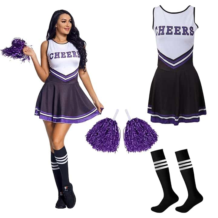 Cheerleader Fancy Dress Outfit,Cheerleading Outfit with Pom Poms,Cheerleader Costume for Women Girls,Uniform High School Dress,Cheerleader Outfit Adult Fancy Dress Costume