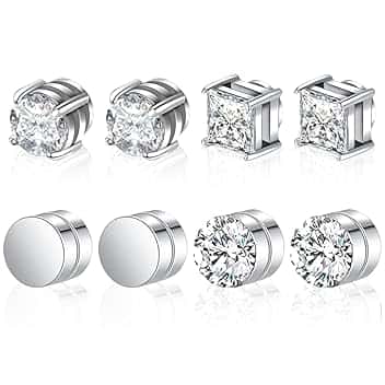 VRYNDH 4 Paia Orecchini Magnetici Uomo Orecchini Calamita Orecchino Magnetico Adatte Per Uomo E Donna, Rotonde/Quadrate,Comodo da indossare e non si cade facilmente,6 mm(argento)