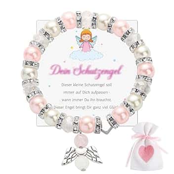 KAHZOR KAHZOR 1 Pezzo Braccialetto Angelo Custode, Elastico con Perline, Portafortuna, in Argento, Regolabile, per Comunione, Bracciale Bambina, con Angeli, Regalo per Ragazze