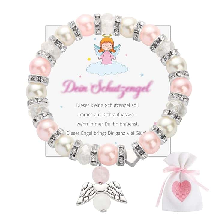 KAHZOR KAHZOR 1 Pezzo Braccialetto Angelo Custode, Elastico con Perline, Portafortuna, in Argento, Regolabile, per Comunione, Bracciale Bambina, con Angeli, Regalo per Ragazze