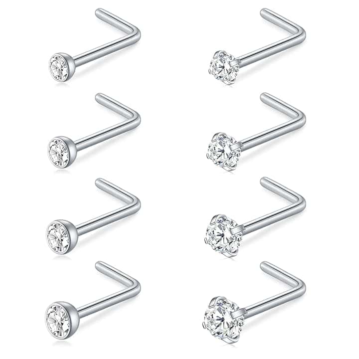 AceFun Piercing Naso 18G 20G Set Acciaio Chirurgico 1,0mm 0,8mm a Forma di L e Borchie a Spirale con Sfera Opale CZ Anelli Naso Stud 7mm