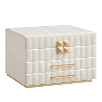 SONGMICS HOME SONGMICS HOME ANAH Collezione - Scatola Portagioie 3 Ripiani con Specchio, Porta Gioielli, 2 Cassetti, PU con Cucitura, Effetto Fluttuante, 21,5 x 24 x 15,8 cm, Idea Regalo, Bianco Nuvola JBC183W01