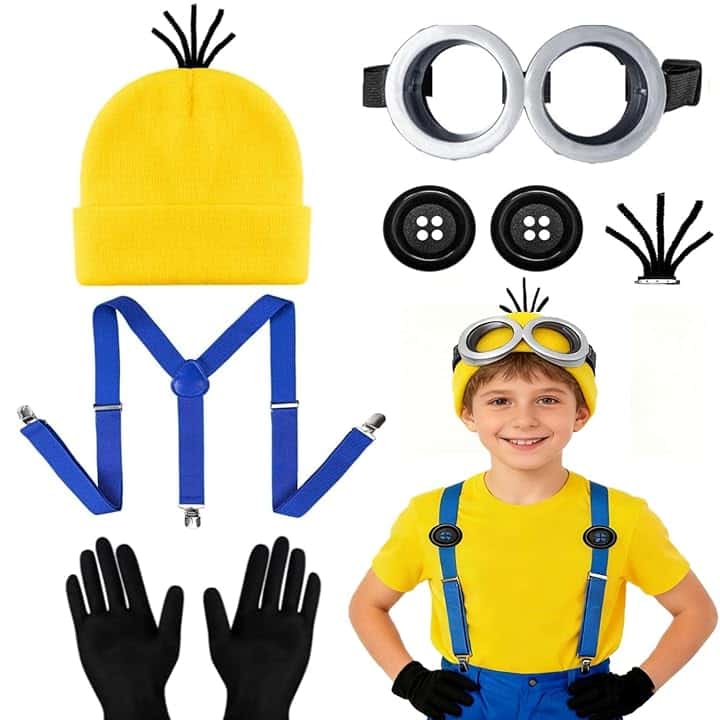 Humairc Costume Giallo Kit Occhiali Costume Carnevale/Halloween/Cosplay/Danza/Festa Carnevale Halloween Accessori Donna Uomo - Occhiali Cappello Giallo Guanti Neri Calzini Bretelle