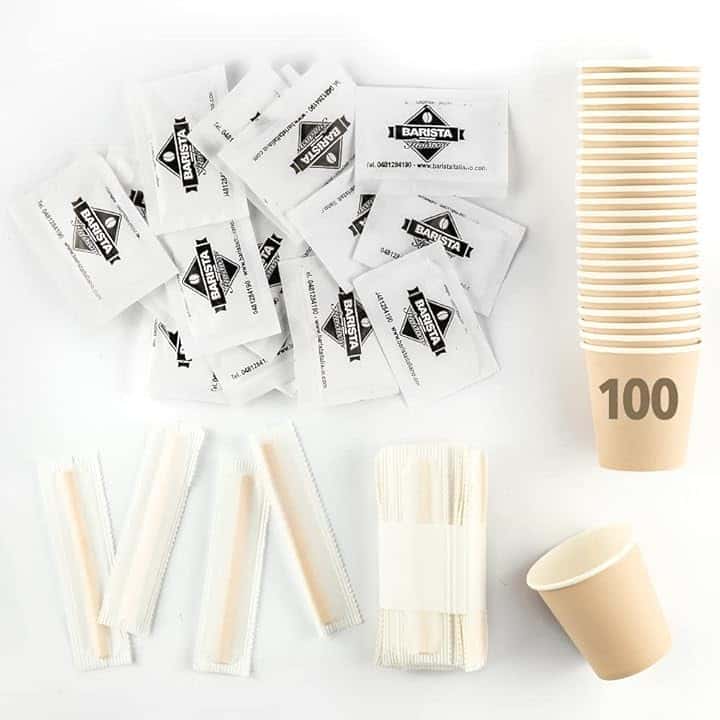 Barista Italiano - Kit Completo Accessori Caffè ☕ 100 Bustine Zucchero + 100 Bicchierini in Carta + 100 Palette in Legno ☕ Kit Ecologico e Riciclabile