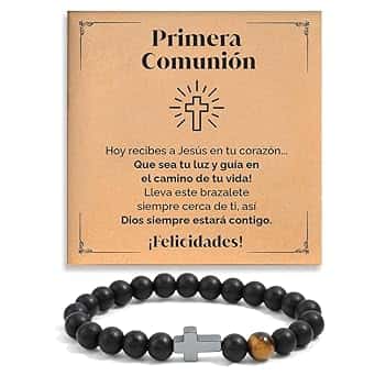 SOFIA FERRER Regalo di Comunione Bambini, Braccialetto Croce Comunione Bambino, Regali per un Bambino di Comunione, Bracciale Regolabile in Pietre Naturali con Dedicatoria, Prima Comunione