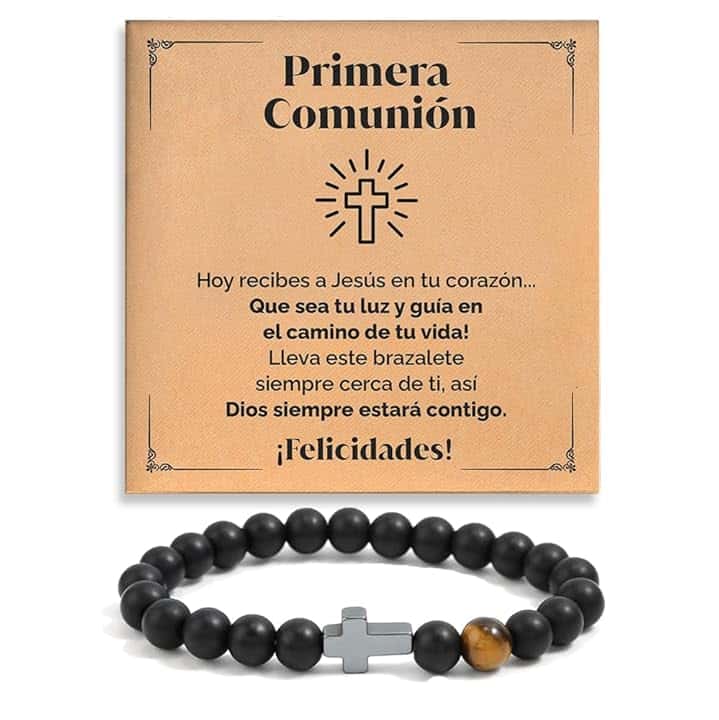 SOFIA FERRER Regalo di Comunione Bambini, Braccialetto Croce Comunione Bambino, Regali per un Bambino di Comunione, Bracciale Regolabile in Pietre Naturali con Dedicatoria, Prima Comunione