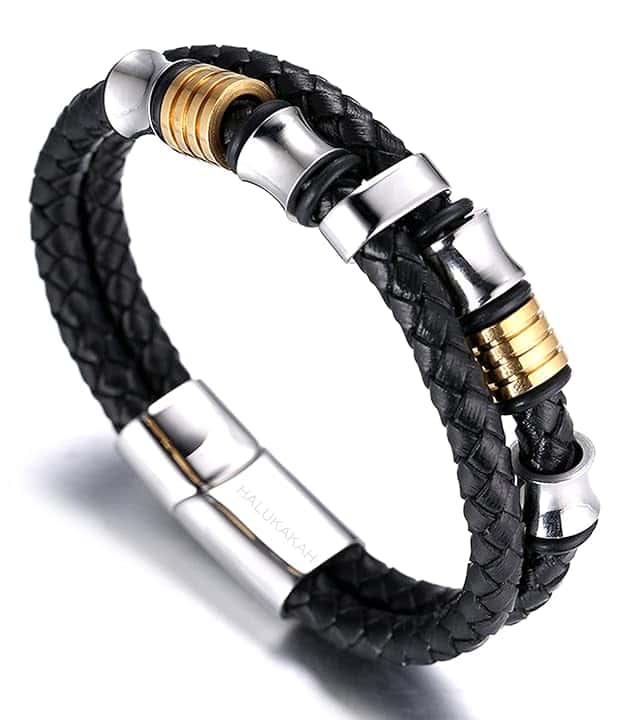 HALUKAKAH Bambini ● Assolo Junior ● Bracciale Ragazzo Maschio in Vera Pelle Cuoio Nero 6-12 Anni Perle in Argento/Oro Titanio Acciaio Chiusura Magnetica 7-8"(18-19.5cm) con Pacco Regalo Gratuita