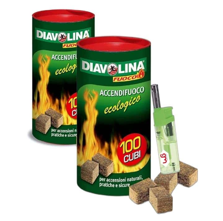 Diavolina Accendifuoco Ecologico 100pz, Accensione Istantanea Naturale Pratica Sicura per Camino, Stufa, Legna, Barbecue con Accendino GM (2 CF + accendino)