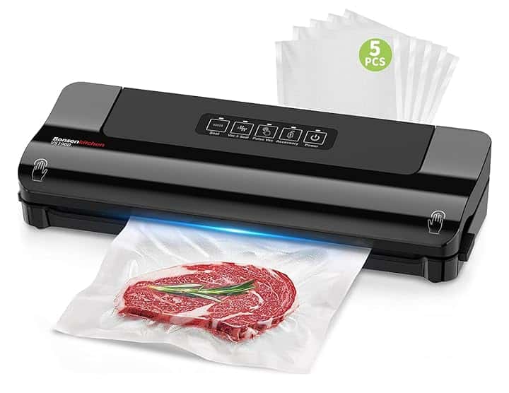 Bonsenkitchen Macchina per Sottovuoto Alimenti – Compatta, Funzionamento Continuo ad Alta Velocità, 4 Modalità, Include Sacchetti e Tubo Accessorio ISCC PLUS