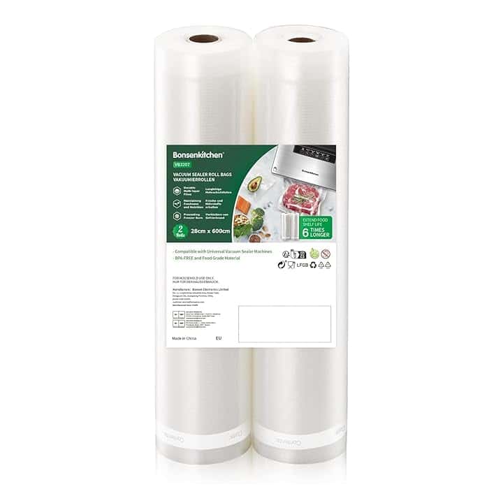 Bonsenkitchen Sacchetti per Sottovuoto, 2 rotoli 28 x 600 cm (totale 12 m) Sacchi commerciali per conservazione alimenti e cottura Sous Vide, VB3207 ISCC PLUS