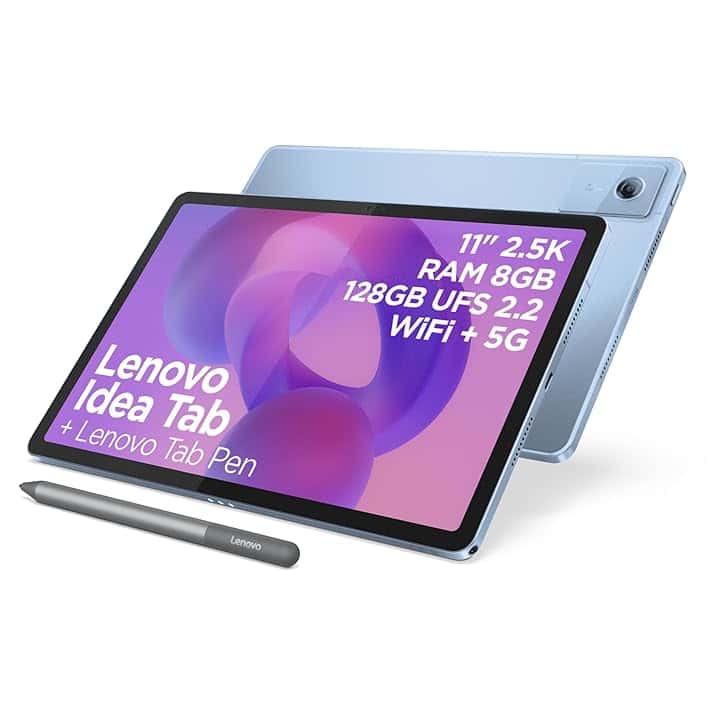 Lenovo Idea Tab Tablet - Display 11" 2.5K (2560x1600) 90Hz, Processore Mediatek Dimenity 6300, RAM 8GB, Memoria 128GB, 5G, WiFi 5, Tablet Android 15, Tab Pen inclusa - Polar Blue