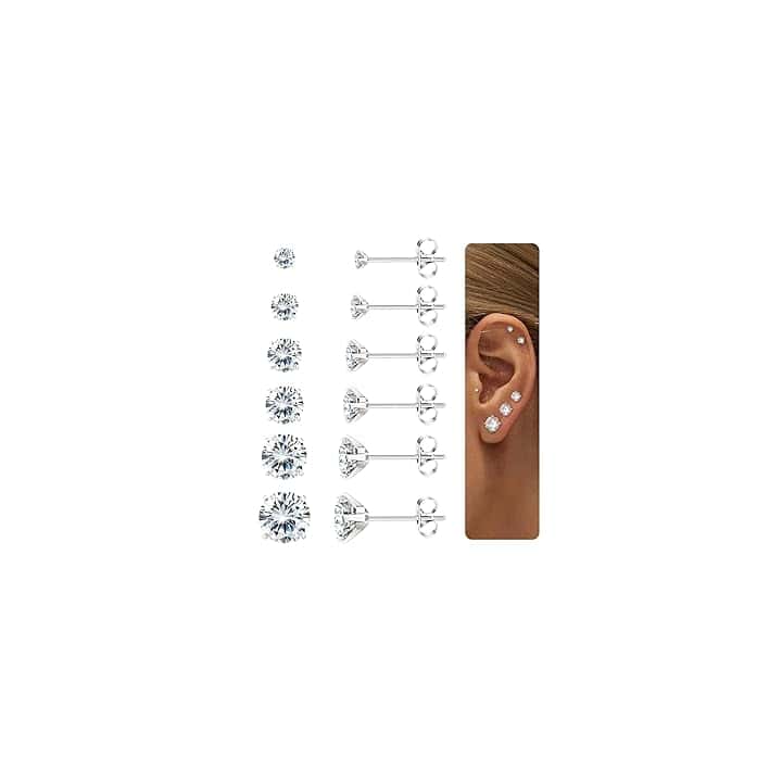 Diamday 6 Paia Orecchini per Donna Uomo Acciaio Chirurgico Piercing Orecchio Orecchini Anallergici Donna 5A Zircone Cubico Orecchini Argento Oro Helix Trago Cartilagine Orecchini Set Uomo