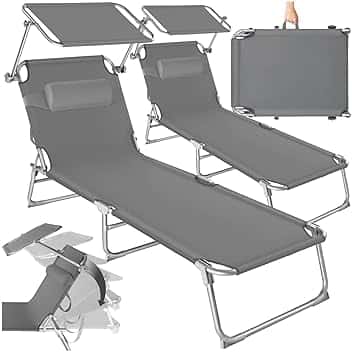 tectake® Set 2X Lettino Pieghevole, Lettini Prendisole Pieghevoli Sdraio con Parasole, Schienale Regolabile 4 Posizioni, Rivestimento Resistente, Giardino Spiaggia Lettini Prendisole Mare - Grigio