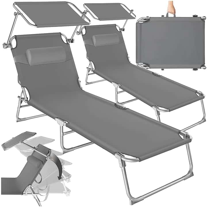 tectake® Set 2X Lettino Pieghevole, Lettini Prendisole Pieghevoli Sdraio con Parasole, Schienale Regolabile 4 Posizioni, Rivestimento Resistente, Giardino Spiaggia Lettini Prendisole Mare - Grigio