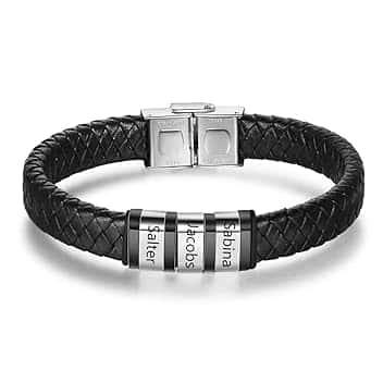 kaululu Bracciale Pelle Uomo Personalizzato in Argento con Famiglia Coppia Nomi Incisione Braccialetti Uomo con 1-6 Nomi per Padre Fidanzato Migliore Amico Personalizzati Bracciali