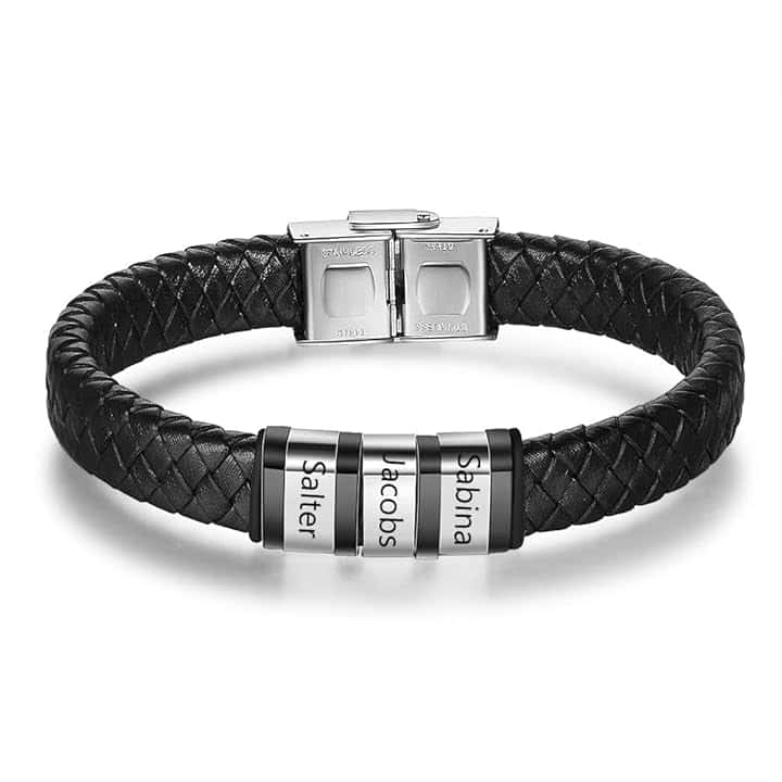 kaululu Bracciale Pelle Uomo Personalizzato in Argento con Famiglia Coppia Nomi Incisione Braccialetti Uomo con 1-6 Nomi per Padre Fidanzato Migliore Amico Personalizzati Bracciali