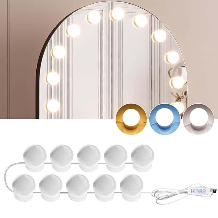 Luci da Specchio di Vanità 10 Lampadine per Trucco Dimmerabili 3000K/4000K/9000K Temperatura Colore Regolabile, Alimentazione Tramite USB, Adesive