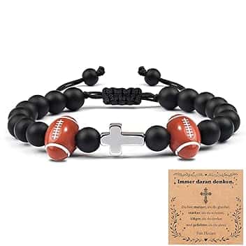 Luxorium Bracciale Croce Comunione Bambino Regalo con Perle Football Bracciale Regolabile in Pietra Naturale per Figlio Nipote Fratello per Cresima o Comunione