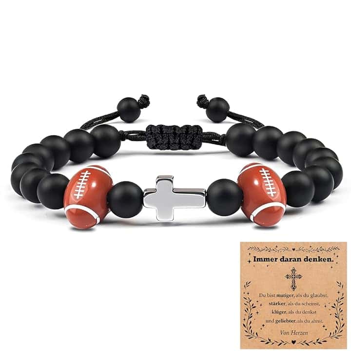 Luxorium Bracciale Croce Comunione Bambino Regalo con Perle Football Bracciale Regolabile in Pietra Naturale per Figlio Nipote Fratello per Cresima o Comunione