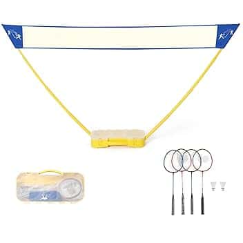 COSTWAY Set Rete da Badminton Portatile, con 4 Racchette e 2 Volani, Rete da Tennis Pallavolo 3 x 1,5m, Montaggio Facile, Set Completo per Spiaggia Parco Cortile