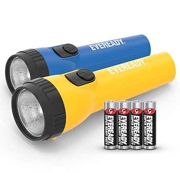 Energizer Eveready Torcia LED Confezione 2, Super Luminosa Flashlight, Resistente Acqua, Perfetto Campeggio Outdoor Emergenza Confezione 2, 4 Batterie AA Blu/Giallo