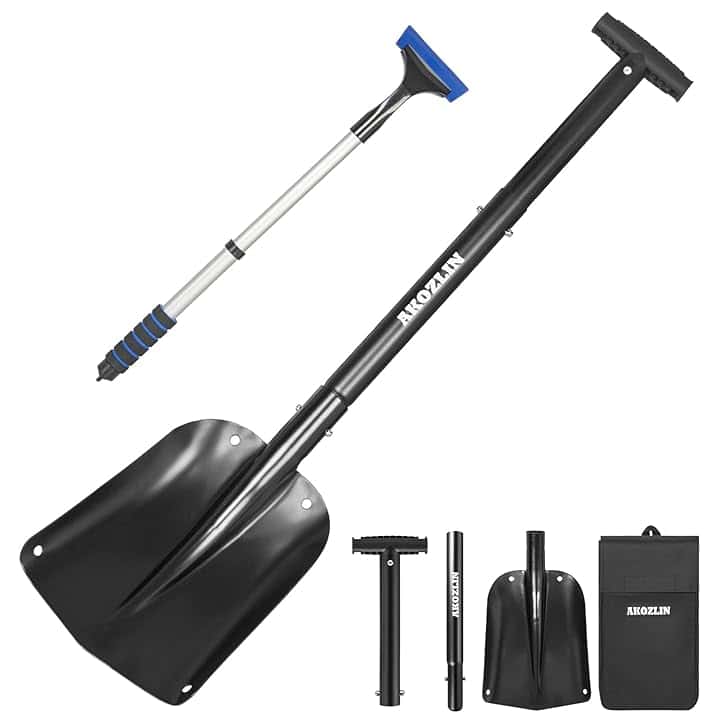 Pala da neve telescopica di emergenza con raschietto per ghiaccio e borsa per il trasporto, pieghevole in alluminio, 53,8 - 82 cm, pala di emergenza retrattile, leggera, per auto, motoslitta, giardino
