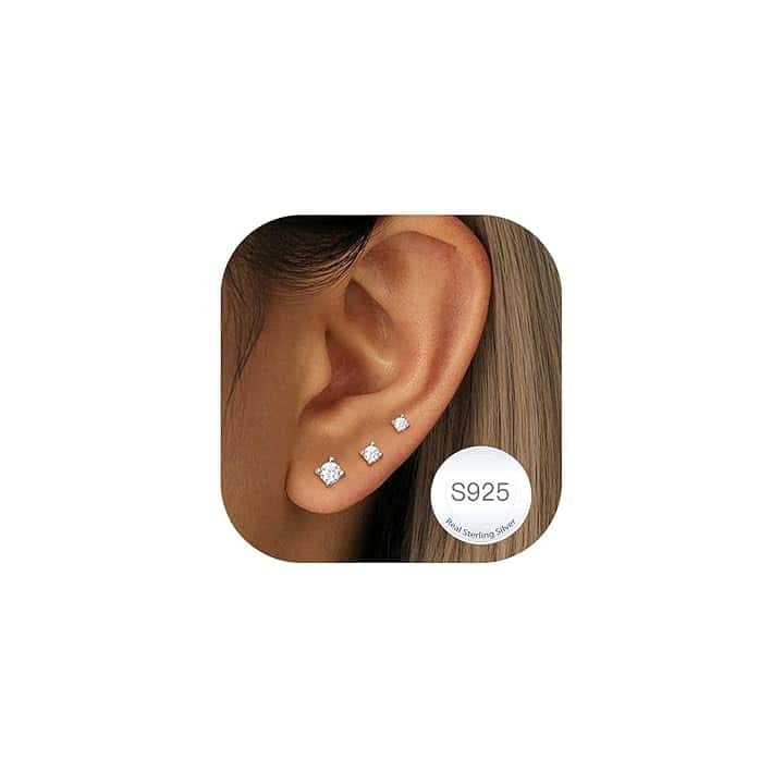 Rajputana 3 Paia Di Piccoli Orecchini In Argento Sterling Per Signore Set Di Orecchini Ipoallergenici in Oro 14K Perno Delicati in Argento 925 Con stelle e Puntini a Cuore