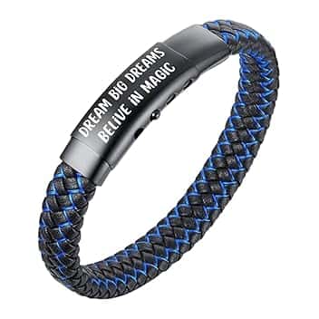 HALUKAKAH ● Jazz Junior ● Ragazzi Vera Pelle Treccia Fatta a Mano Nero mix Blu/Rosso/Verde Bracciale 6-12 Anni. Titanio Smerigliata Chiusura Magnetica Taglia Regolabile 18-19.5cm con Pacco Regalo