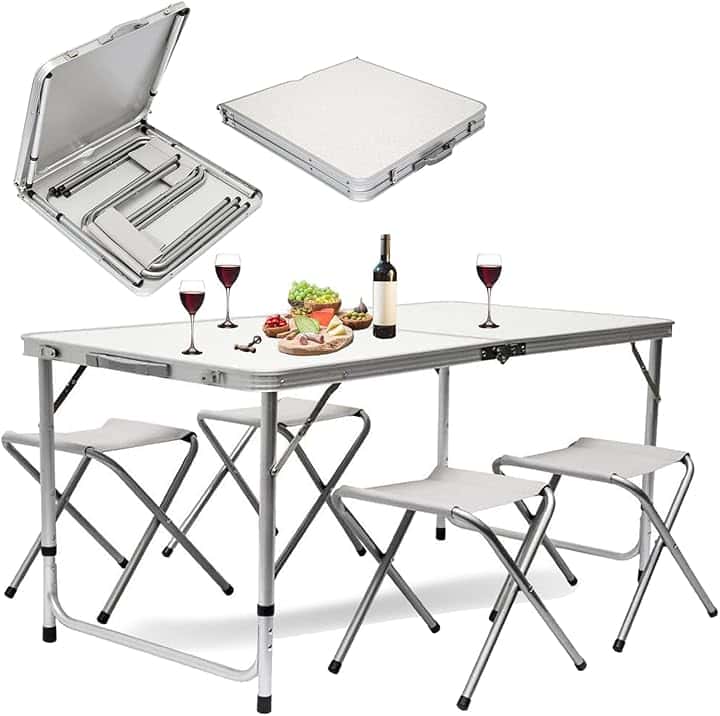 BAKAJI Set Tavolo Tavolino 120 x 70 cm Pieghevole con 4 Sgabelli da Pic Nic per Campeggio SpiaggiaStruttura Tubolare in Alluminio Piano in ABS Sedute in tessuto Richiudibile Salvaspazio con Maniglia