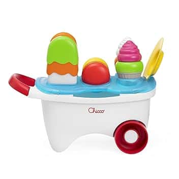 Chicco Gioco Carretto dei Gelati, Playset 2in1, Attività di impilamento e incastro, attività gioco di ruolo, pratica maniglia e ruote libere, Playset 19 pezzi per comporre deliziosi dolci, 12-36 M
