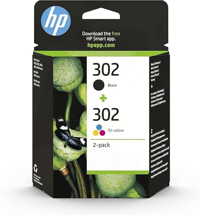 HP 302 Nero e Tricromia, X4D37AE, Confezione da 2 Cartucce Originali, Compatibile con Stampanti HP DeskJet 1110, 2130, 3630, HP Envy 4520, OfficeJet 3830, 4650, 5220, 5230 ECOLOGO