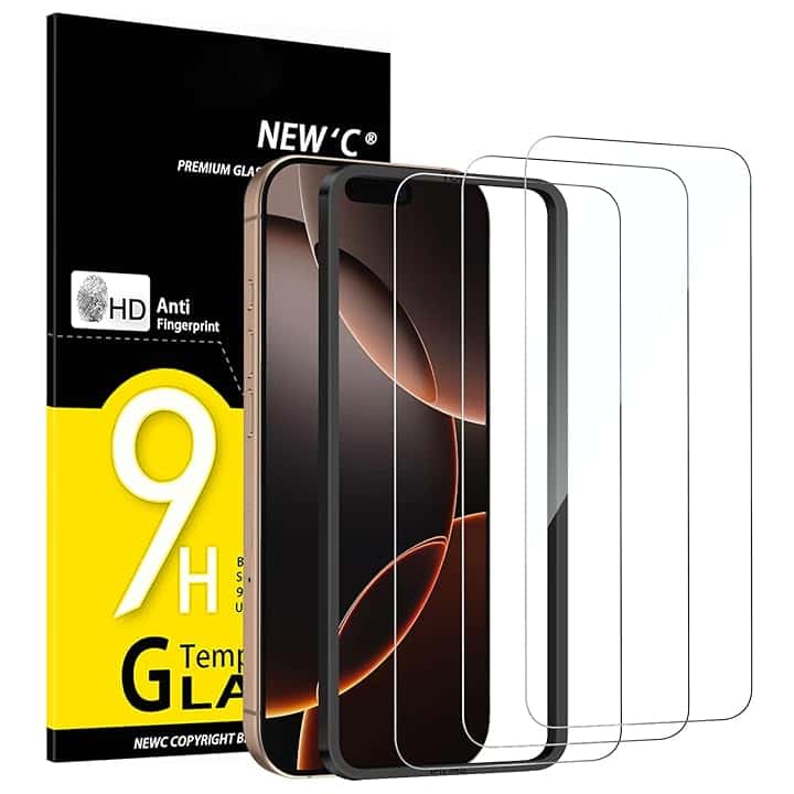 NEW'C 3 Pezzi, Vetro Temperato per iPhone 17, 17 Pro, iPhone 16 Pro (6,3 pollici), Pellicola Prottetiva Anti Graffio - Ultra resistente - Trasparente HD - Strumento di installazione facile incluso Global Recycled Standard