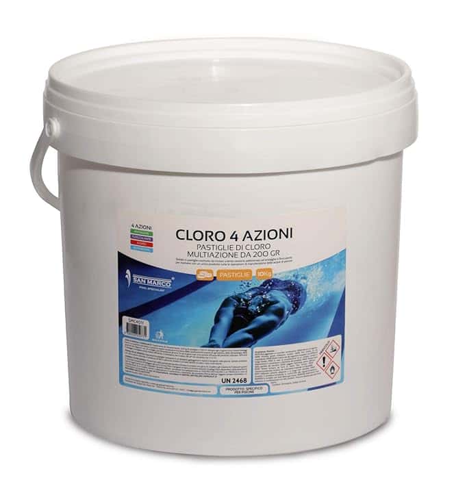 San Marco pastiglie multifunzione per piscina, trattamento 4 in 1: clorante, antialghe, stabilizzante del Ph e Flocculante per Acqua di Piscine disponibile in diversi formati da 1,5,10,25 kg (10 kg)