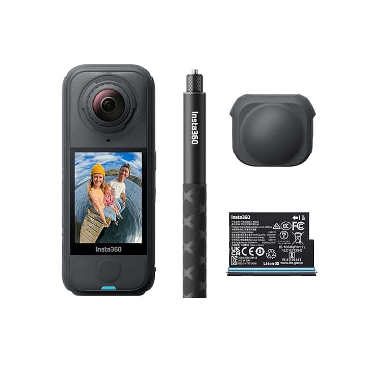 Insta360 X4 Air Pack Starter Nero grafite- Videocamera leggera 165g 8K 360, selfie stick invisibile, lenti sostituibili, prima registri poi inquadri, cover antivento integrata.