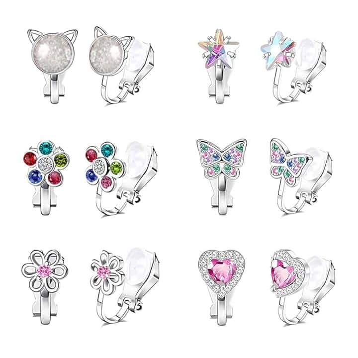 HMCEY 6 Paia Orecchini a Clip Bambini,Principessa Orecchini Senza Buco Colorati,Finti Orecchinis Anallergici,Clip On Earrings,Gioielli Orecchinis Clips Ragazza,Orecchinies Cuori Fiori Farfalle
