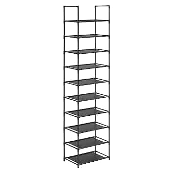 SONGMICS Scarpiera, 10 Ripiani, Scaffale Portascarpe, Organizzatore per Scarpe, 28 x 45 x 173 cm, Telaio in Metallo, Ripiani in Tessuto, Ingresso Corridoio Camera da Letto, Nero LSH010B02