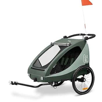 hauck Rimorchio Bici Bambini e Passeggino Dryk Duo Plus - 2 Posti (6-48 Mesi), Carrello Bicicletta Rimorchio con Timone, Ruota, Bandiera e Luce - Pieghevole, Vano XL - Verde scuro