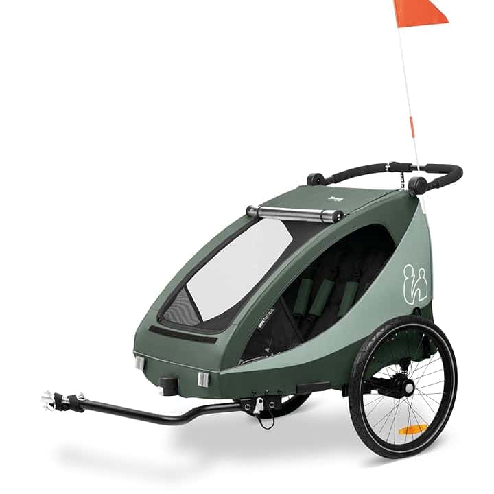 hauck Rimorchio Bici Bambini e Passeggino Dryk Duo Plus - 2 Posti (6-48 Mesi), Carrello Bicicletta Rimorchio con Timone, Ruota, Bandiera e Luce - Pieghevole, Vano XL - Verde scuro