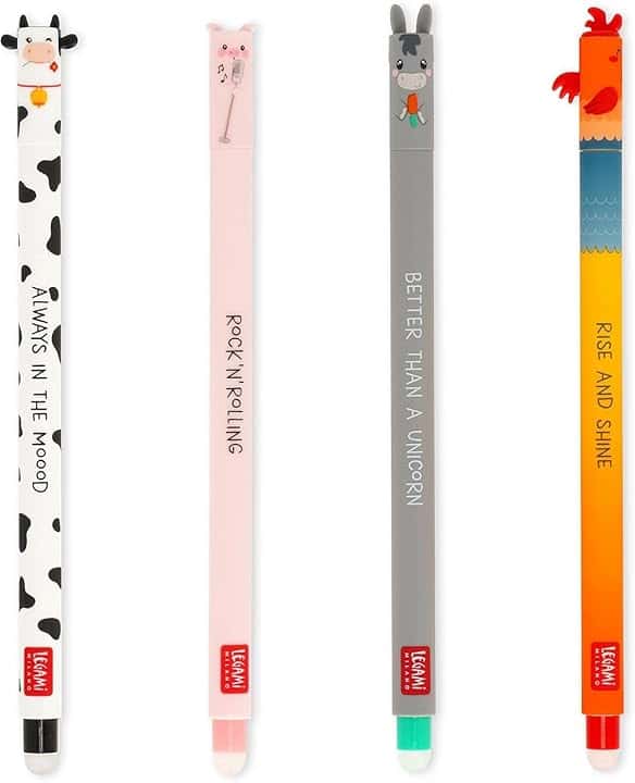 Legami - Set di 4 Penne Gel Cancellabili Farm Sweet Farm, Penne con Inchiostro Cancellabile Termosensibile, Nero, Rosa, Verde, Rosso, Cancella Senza Consumare il Foglio, Punta 0,7 mm