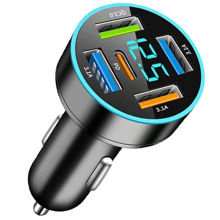 5-Porte Caricabatterie Auto, 66W Caricatore Auto USB C PD30W+QC3.0+3.1A, Adattatore Accendisigari USB con Voltmetro LED, per iPhone 15 14 13 Pro Max Samsung Android Tablet, ecc