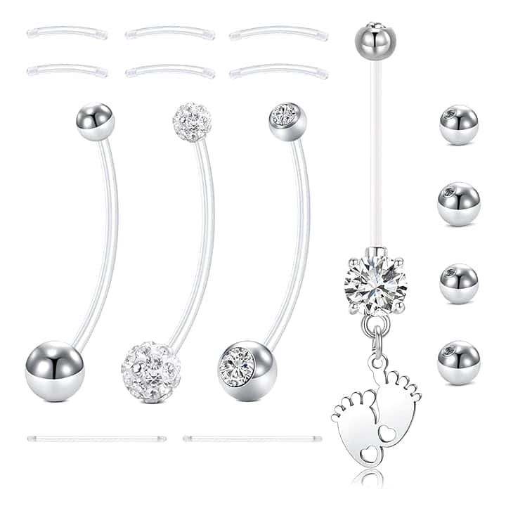 LAURITAMI 14G Piercing Ombelico Gravidanza Flessibile 32 mm Acrilico Fleixble Bioflex Piercing Gravidanza Ombelico con barra di ricambio 12/14/16/25 mm Sfera di ricambio 5/8 mm, 16 pezzi Set