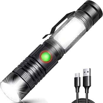 REHKITTZ Torcia LED 2000 Lumen Super Luminosa, 2500 mAh USB Ricaricabile ad Alta Capacità Portatile e Regolabile Torcia Potente, con Base Magnetica e Luce di Lavoro COB(Confezione da 1)