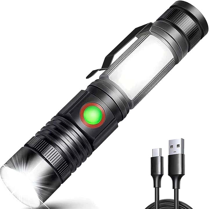REHKITTZ Torcia LED 2000 Lumen Super Luminosa, 2500 mAh USB Ricaricabile ad Alta Capacità Portatile e Regolabile Torcia Potente, con Base Magnetica e Luce di Lavoro COB(Confezione da 1)