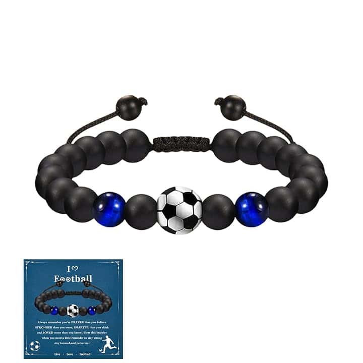 ZWWOGE Bracciale Calcio Bambino e Ragazzo 8–12 Anni, Pietre Naturali Onice e Occhio di Tigre Blu, Braccialetto Regolabile con Cartolina Motivazionale, Idea Regalo per Bambini